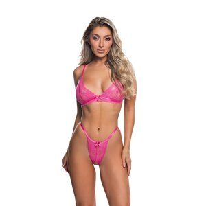 Pink Floral Eyelash Lace Bralette & Thong Set Satin Bow S-Hook | S/M L/XL
